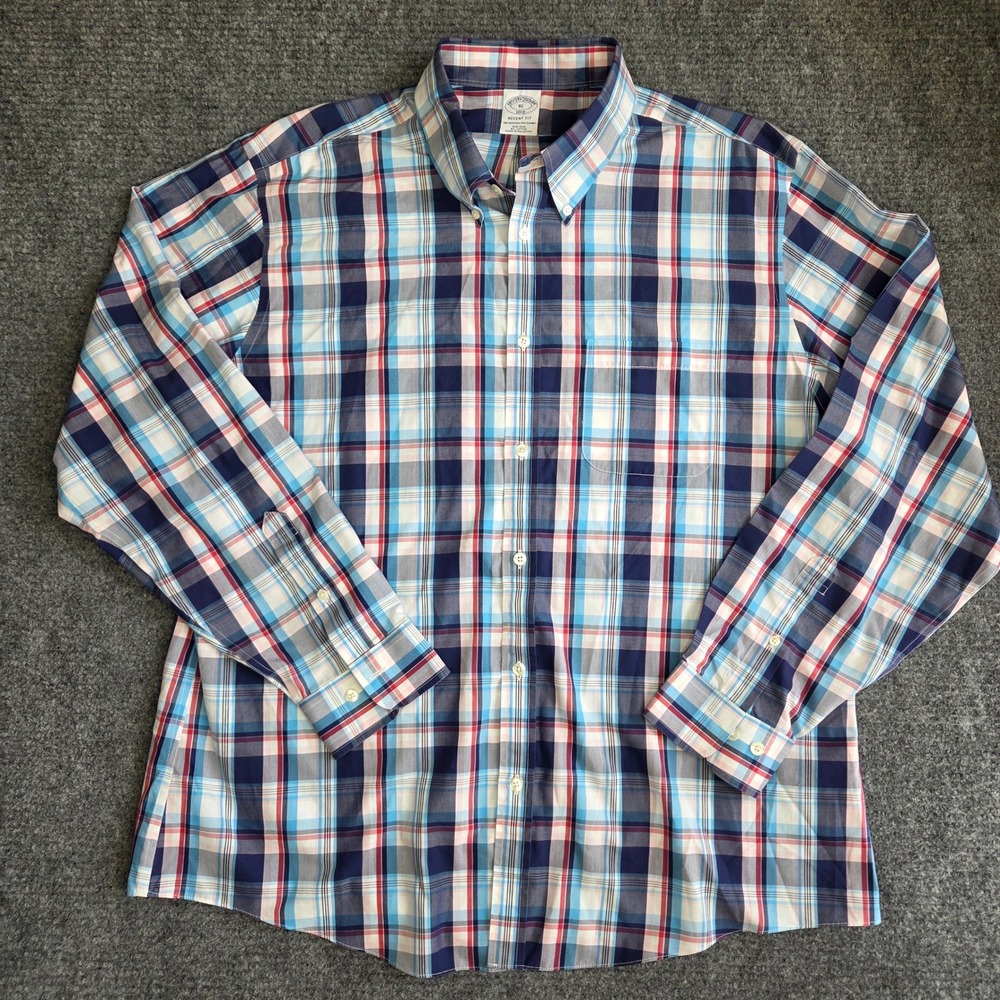 Brooks Brothers Regent Fit Plaid Shirt Mens XL Blue Red Non-Iron Cotton Long Slv